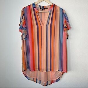 Tolani Multicolor Striped Ruffle Short Sleeve Top V Neck Round Hem Orange Blue